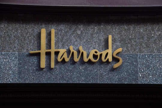 General view of the sign at Harrods department store, on September 21 2024 in London, UK