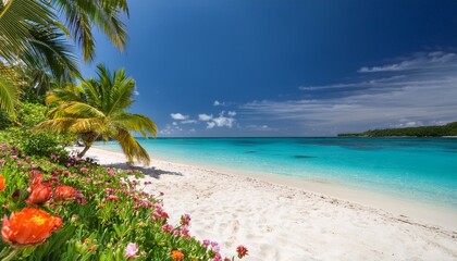 A tranquil tropical beach with crystal clear turquoise water, lush green palm trees and vibrant flowers.
