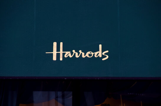 General view of the sign at Harrods department store, on September 21 2024 in London, UK