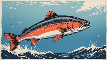 Fototapeta premium simple leaping salmon fish illustration with splash water background