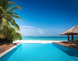 Fototapeta premium A tropical resort with a swimming pool overlooking a white sandy beach and crystal clear ocean.