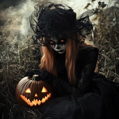 A mysterious woman in black attire with painted face holds a glowing jack o lantern in a foggy field during Halloween