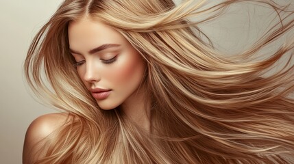 Naklejka premium Healthy skin woman beauty skin and hair portrait natural make up. Profile of blonde curly woman face with clean healthy skin closed eyes and bared naked shoulders on grey background