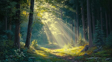 Obraz premium Sunbeams Illuminating a Forest Path
