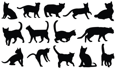 Cat silhouette with various expressions set of 14 vector on white background