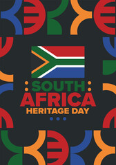 South Africa Heritage Day. Happy holiday. Celebrate culture and traditions of nation. South African flag. Poster with illustration. Pattern design. Vector