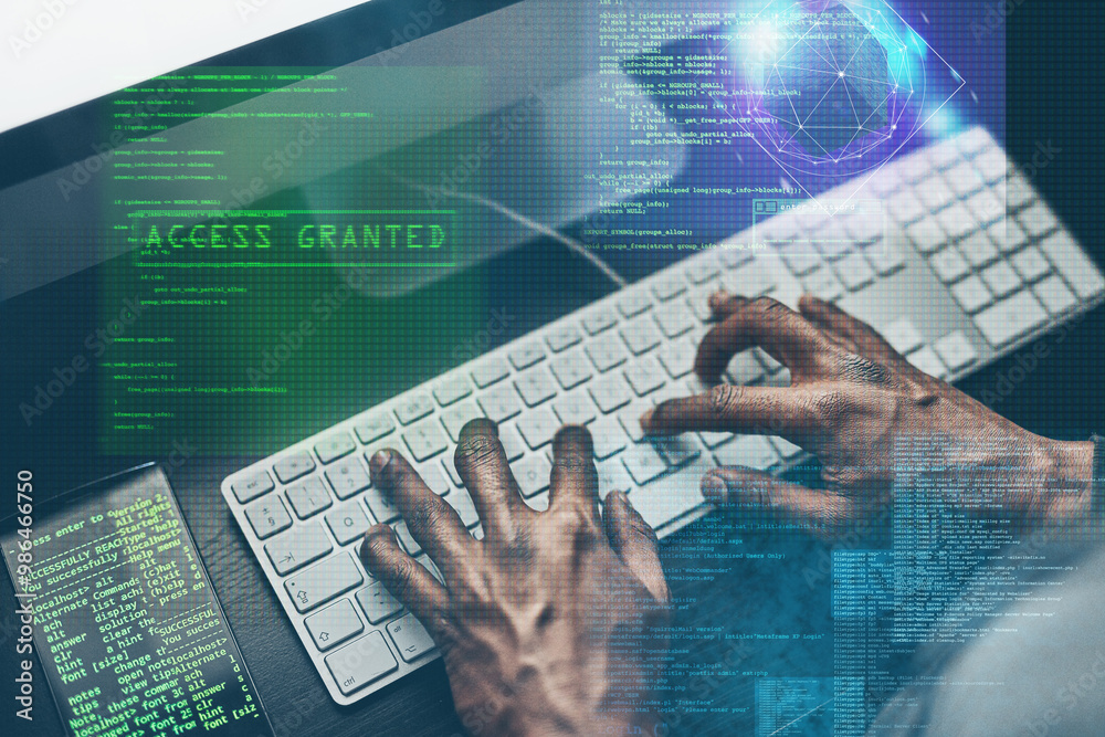 Leinwandbilder hands, hacker and typing on computer for crime, data breach hologram or cyber attack overlay. keyboa