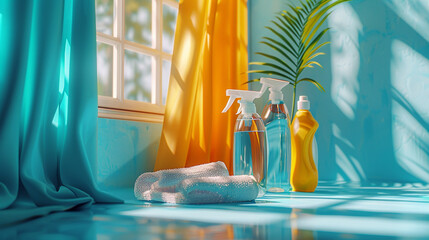 Cleaning supplies products and tools on blurred background.Copy space for text or advertisement. household cleaning services, housekeeping housework or showcasing cleaning products in an organize AI