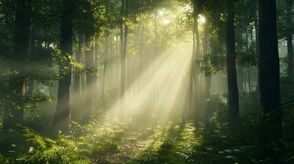 Fototapeta premium Sunbeams Illuminating a Misty Forest Path
