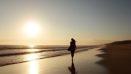 Fototapeta premium A woman walking along the beach at sunset.