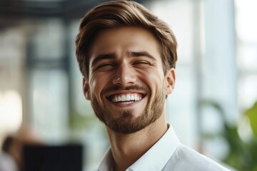 Naklejka premium Young man with stylish hair smiles broadly in a modern office setting during daylight hours, confidence and positivity