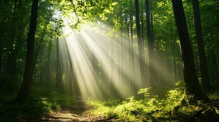 Obraz premium Sunbeams Illuminating a Path Through a Dense, Verdant Forest