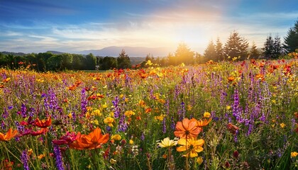 A vibrant field of wildflowers in full bloom, showcasing a mix of purple, yellow, red and orange hues.