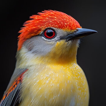 A vibrant close-up portrait of a colorful bird with a striking red eye and bright orange-red crest, set against a smooth, dark background that makes the subject stand out sharply