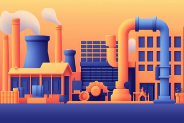 Obraz premium A colorful industrial landscape featuring factories, pipes, and machinery against a vibrant sunset backdrop.