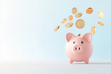 A pink piggy bank with coins falling into it on a light blue background.