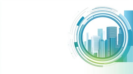 Obraz premium Abstract city skyline design with circular elements and gradient colors on white background.