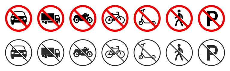 Prohibitory road signs with transportation icons. Forbidden traffic symbols. Vector illustration