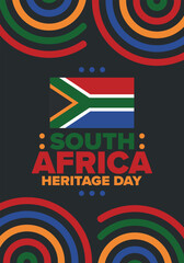 South Africa Heritage Day. Happy holiday. Celebrate culture and traditions of nation. South African flag. Poster with illustration. Pattern design. Vector