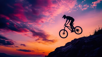 Obraz premium Mountain Biker Silhouette Against Colorful Sunset