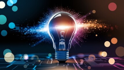 Illustration of a glowing lightbulb symbolizing creativity and innovation, surrounded by an explosion of colors, dynamic particles, and abstract shapes. Generative AI