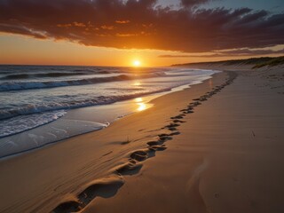 Golden sunset casting long shadows and footprints along the beach shore