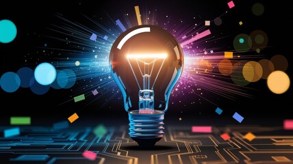 Illustration of a glowing lightbulb symbolizing creativity and innovation, surrounded by an explosion of colors, dynamic particles, and abstract shapes. Generative AI