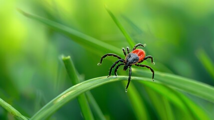 Naklejka premium Summer Serenity: Tick on a Blade of Grass Generative AI