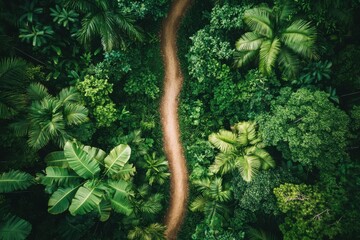 Aerial view of a trail meandering through the rich forest, well-established path in a dense tropical wilderness enclosed by greenery, discovering nature's routes and venturing into the wild