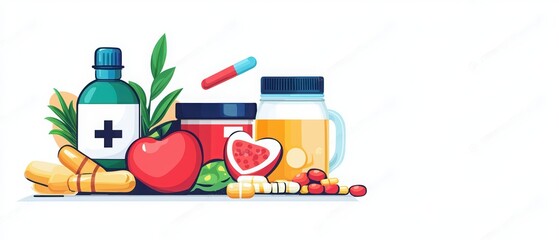 Fototapeta premium Colorful illustration of health-related food items, vitamins, and medicine bottles on a white background.