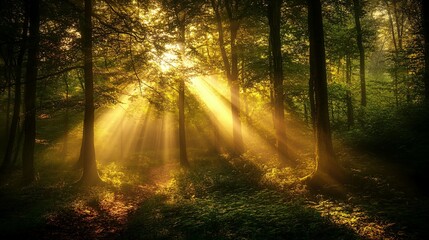 Fototapeta premium Sunbeams Filtering Through a Misty Forest Path