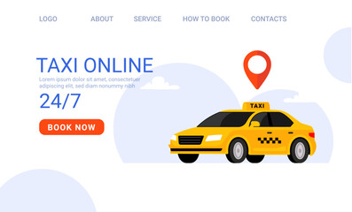 Online taxi booking service. Yellow taxi car with location pin and booking button for 24-7 service web site © kolonko