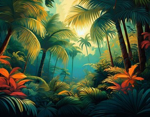 A vibrant tropical jungle scene with tall palm trees and lush foliage