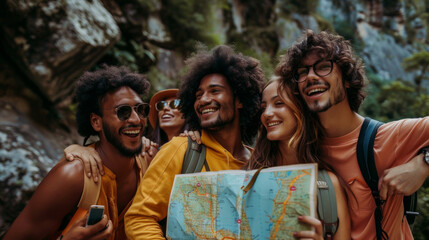 Exploring together, diverse group of friends enjoys their adventure in nature, sharing laughter and excitement while holding map