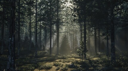 Obraz premium Morning sunlight beams through tall trees in a tranquil forest, casting long shadows on the forest floor.
