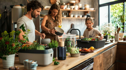 A family practicing zero waste living in modern kitchen, preparing fresh meals with reusable containers and vibrant vegetables. Their commitment to sustainability is evident in their joyful expression
