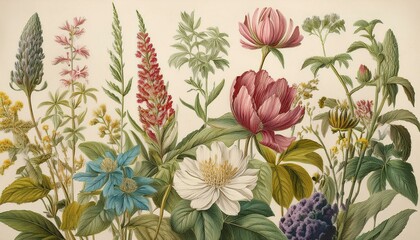 A vintage botanical illustration featuring a variety of flowers and plants, painted in delicate detail.