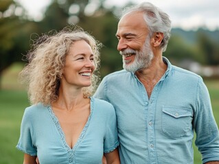 woman portrait mature couple happy together active bonding park outdoor middle aged man talking leisure park fun smiling love old middle mid aged nature wife walking