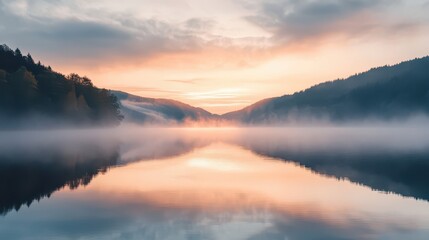 Fototapeta premium Serene Dawn Reflections Over a Misty Lake