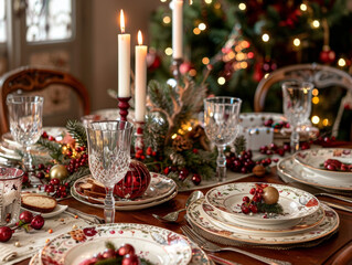 A beautifully set table for festive Christmas dinner, adorned with elegant glassware, decorative plates, and festive ornaments. warm ambiance is enhanced by candlelight and decorated tree in backgroun