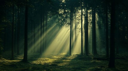 Obraz premium Sunbeams Piercing Through a Foggy Forest