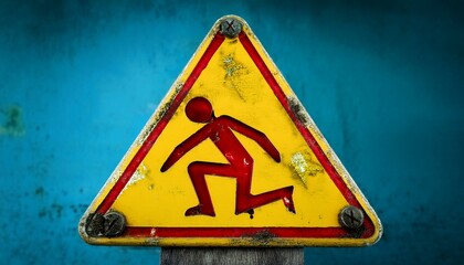 A weathered yellow triangle warning sign with a red figure kneeling inside. The sign is worn and has a rustic look.