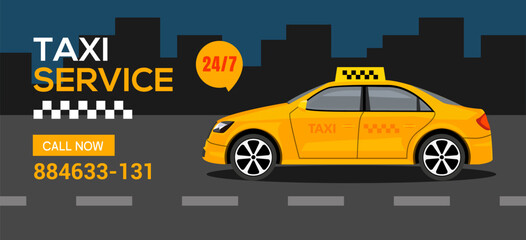Taxi service 24 - 7 call now. Yellow taxi cab service advertisement transportation. © kolonko