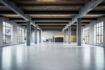 Spacious empty interior with columns and windows. 3D Rendering