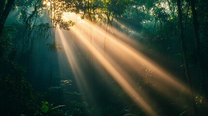 Sunbeams Piercing Through a Dense, Lush Forest Canopy