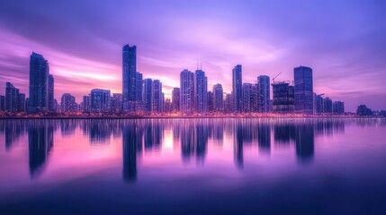 Obraz premium Serene Cityscape at Twilight Reflecting on Water