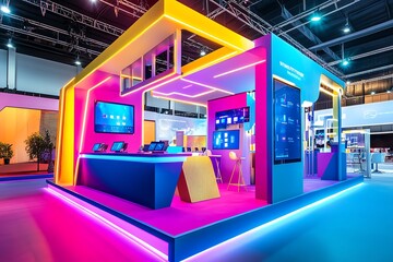 Colorful modern tech exhibition booth.