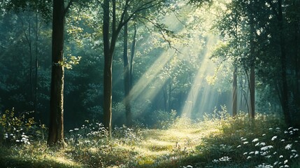 Fototapeta premium Sunbeams Filtering Through a Lush Forest Clearing