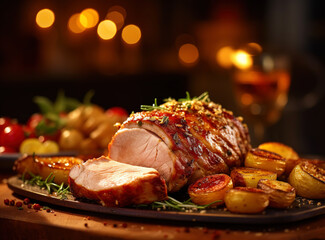 Sliced glazed pork for Christmas dinner on dish with apple and potato, close-up.