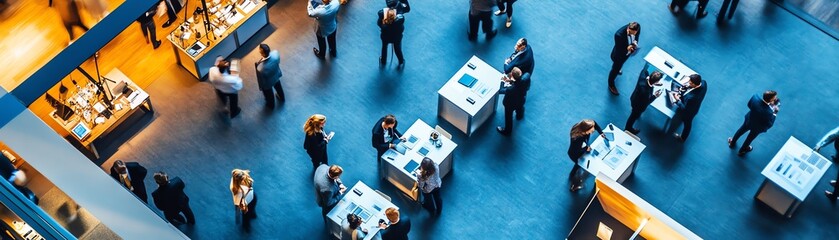 Crowd interacting in a modern exhibition space